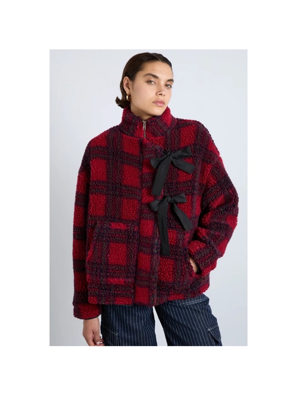Women's Red Plaid Teddy Jacket with Bow Accents